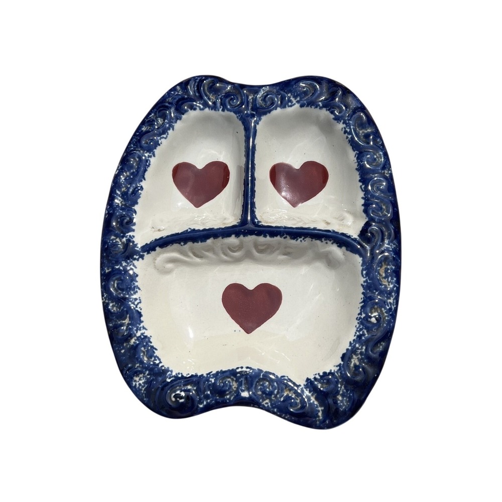 Vintage Style Decorative Divided Dish Plate Hearts Blue White Ceramic Tray‎ Made